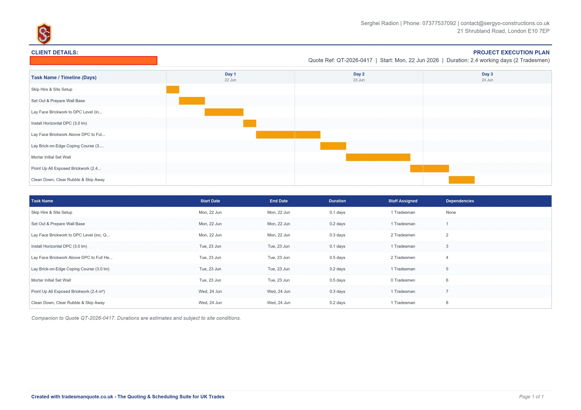 Gantt chart execution plan generated by TradesMan Quote for Sergyo Constructions LTD - job QT-2026-0417