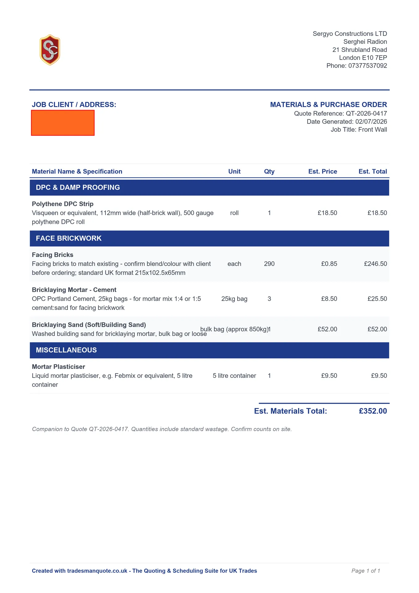 Automated materials and purchase order list generated by TradesMan Quote for job QT-2026-0417