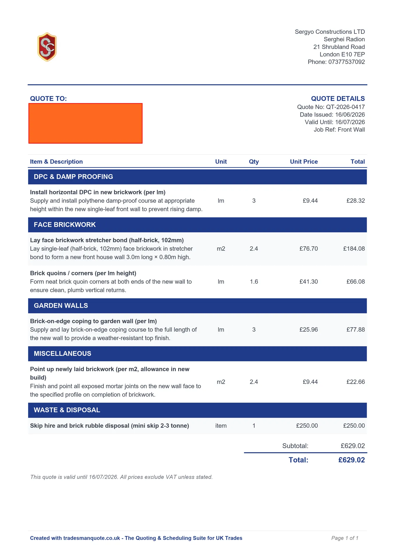 Branded PDF quote generated by TradesMan Quote for Sergyo Constructions LTD - job QT-2026-0417
